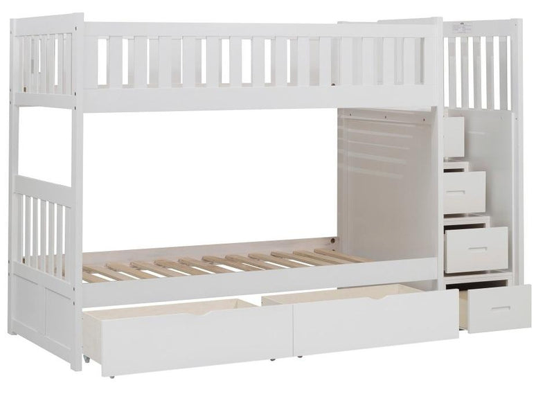 Galen Bunk Bed w/ Reversible Step Storage and Storage Boxes in White B2053SBW-1*T